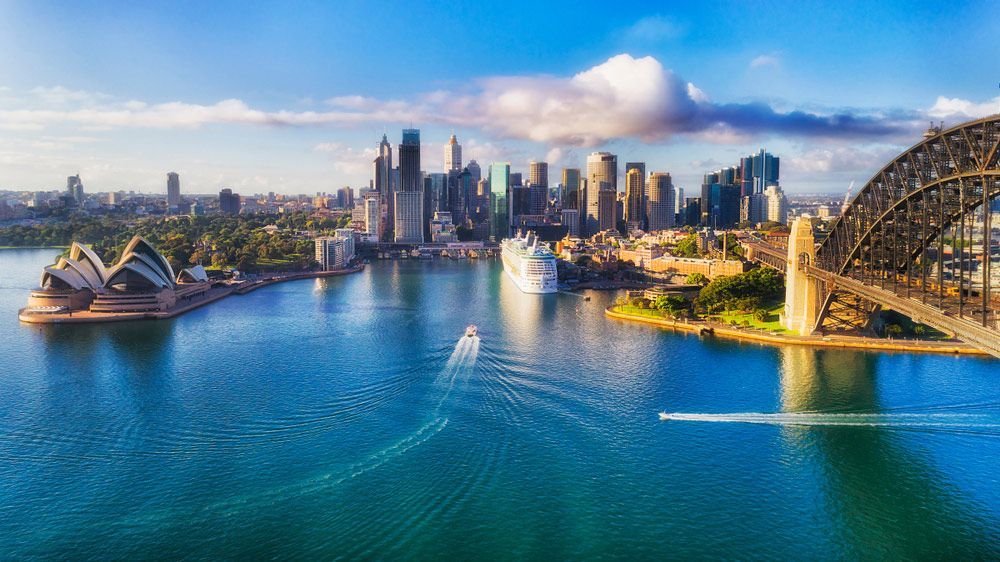 Aerial View Of Sydney Harbor With The City Skyline — Precast Concrete Solutions in Sydney, NSW