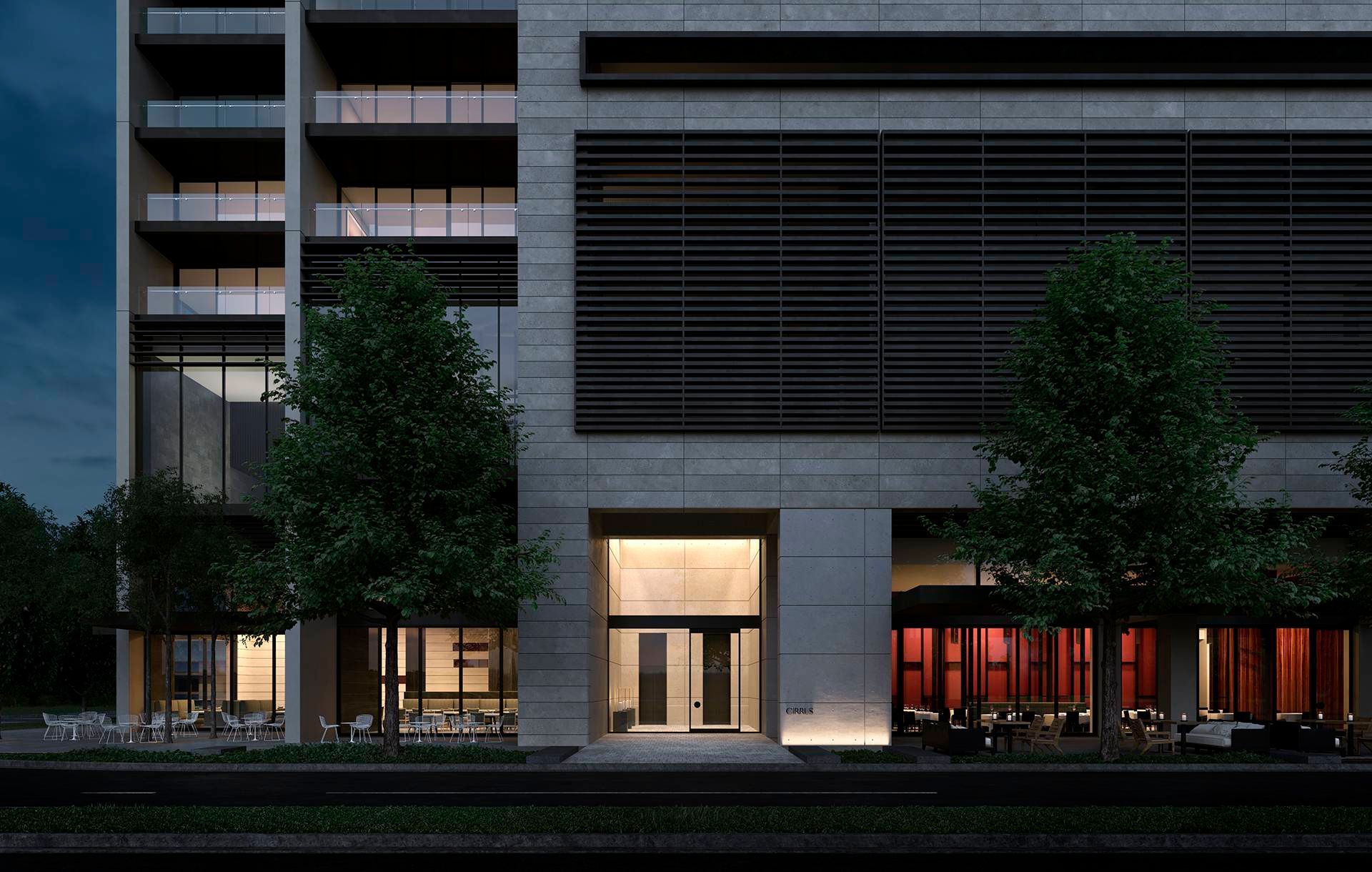 The Front Of A Building With Trees Next To The Entrance — Precast Concrete Solutions in Queanbeyan East, NSW