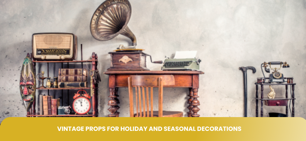 A group of vintage props for holiday and seasonal decorations