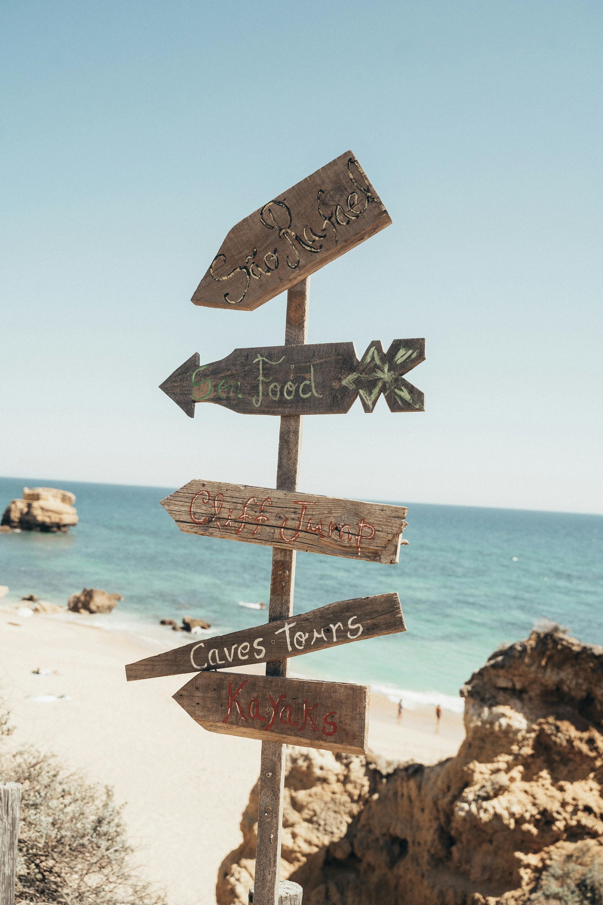 A wooden sign with arrows pointing in different directions on a beach.