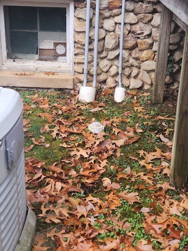 There are a lot of leaves on the ground in front of a stone wall.