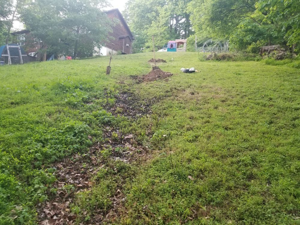 A large grassy field with a shovel in the middle of it.