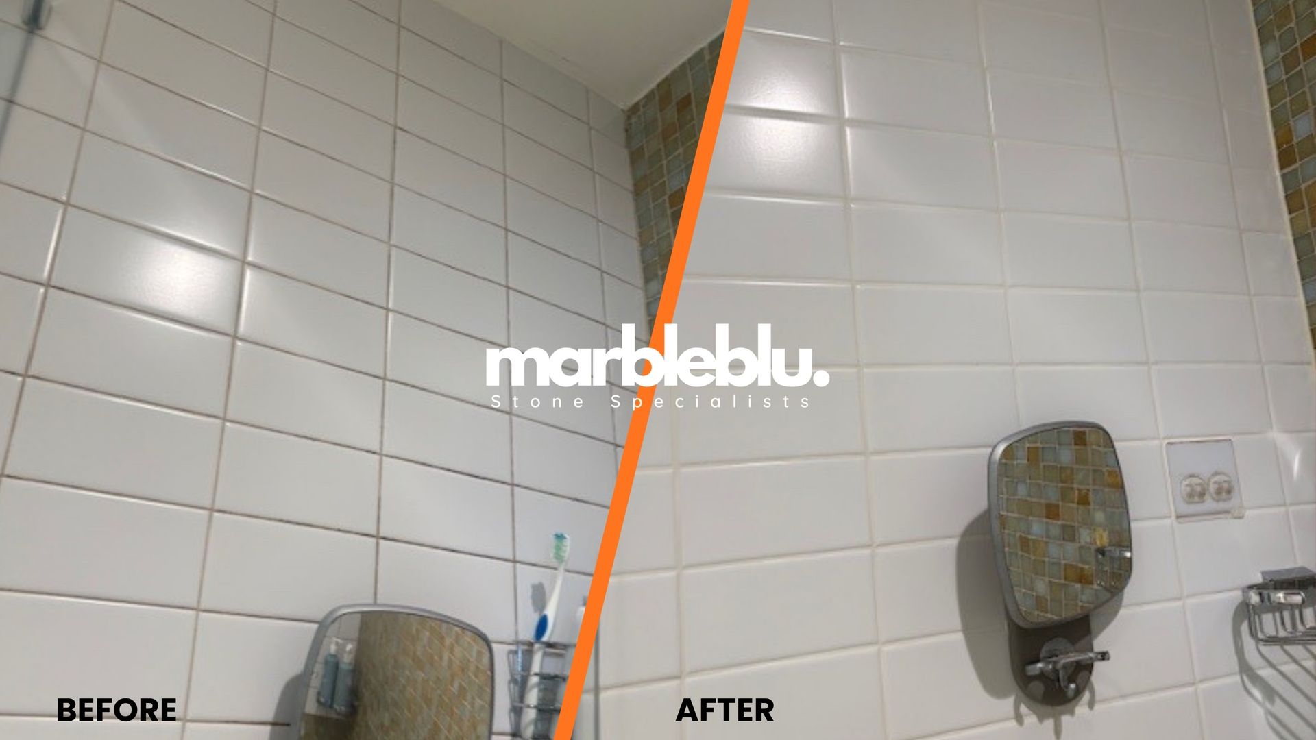 Side-by-side comparison shows white tiled bathroom wall