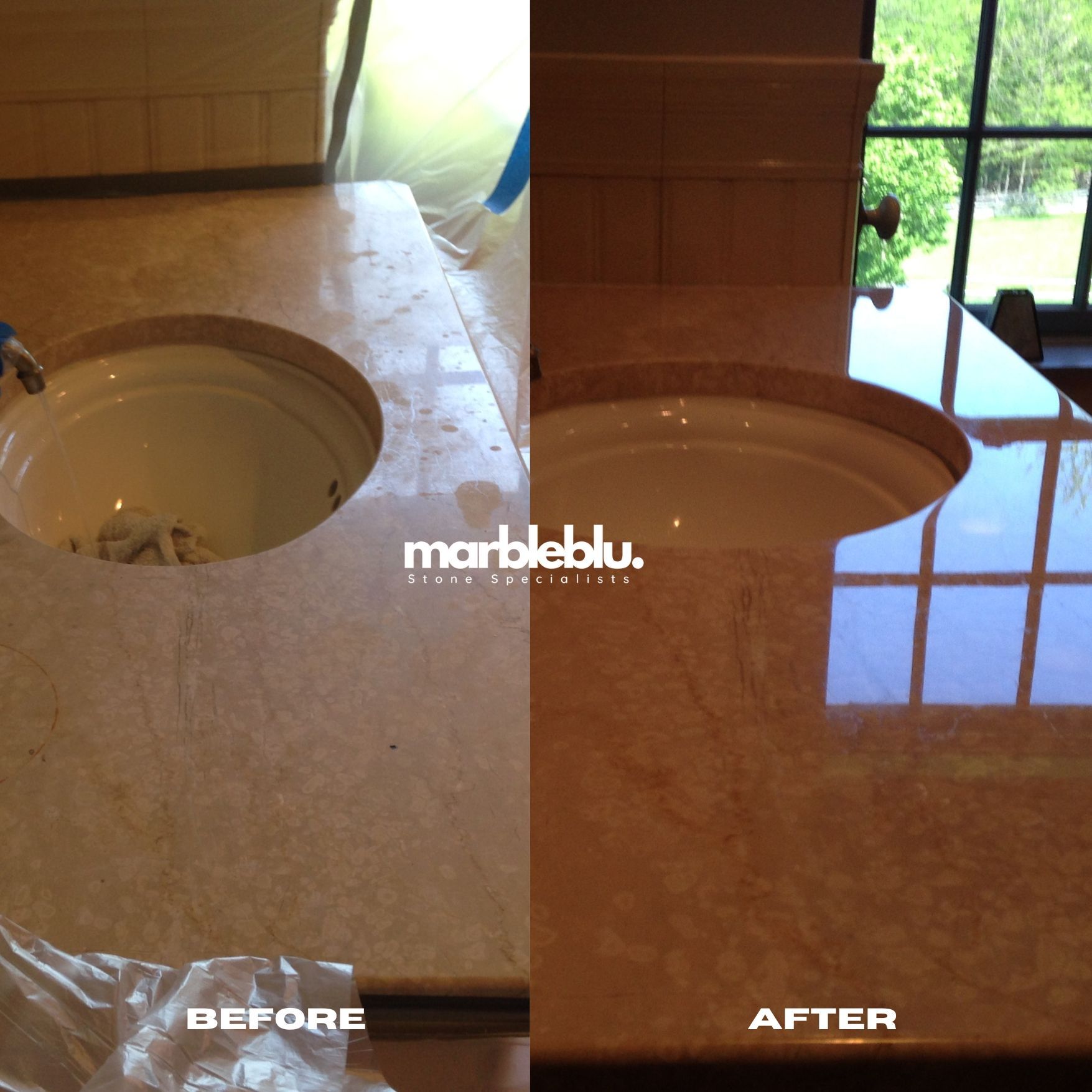 A before and after photo of a marble bathroom vanity top repair, polishing and sealing in New Jersey. 