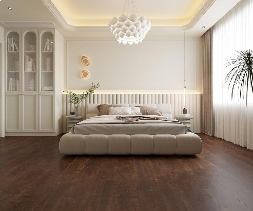 A Modern Bedroom With Dark Wood Floors — AGM Flooring & Tiling in Hidden Valley, QLD