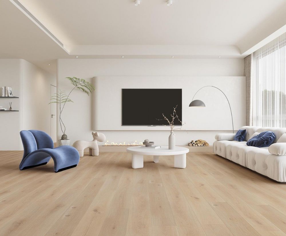 Light and Airy Living Room With White Sofa, and Light Wood Floors — AGM Flooring & Tiling in Hidden Valley, QLD