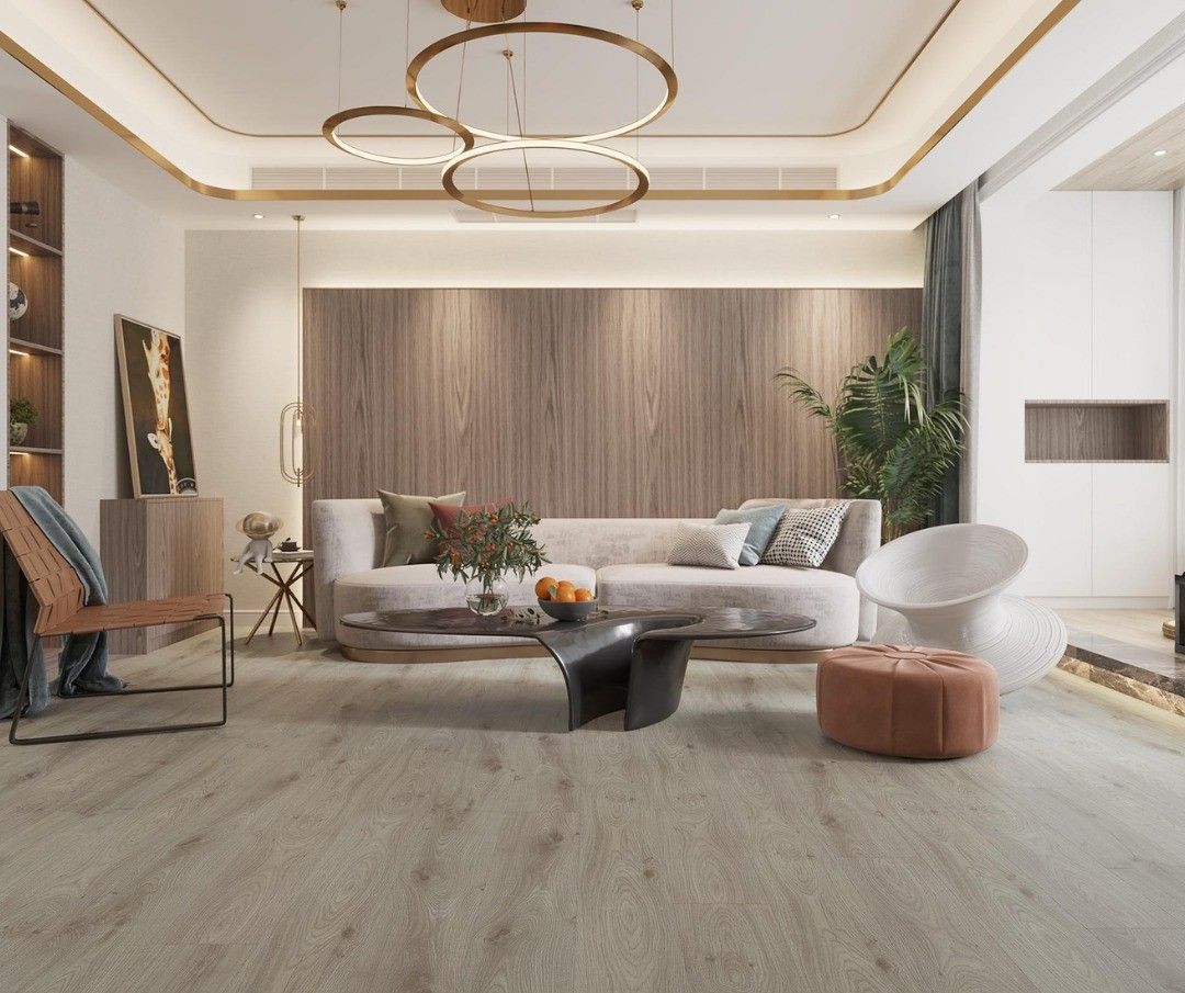 Living Room With Wooden Accent Wall and Light-coloured Flooring — AGM Flooring & Tiling in Hidden Valley, QLD