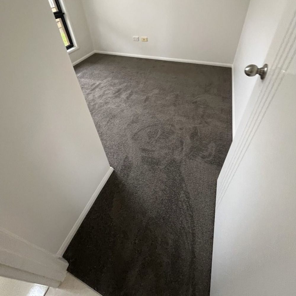 An Empty Room With Dark Grey Carpet, Light Grey Walls, and an Open White Door — AGM Flooring & Tiling in Hidden Valley, QLD