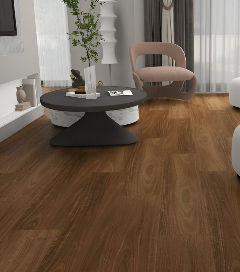 Dark Brown Wooden Flooring in a Modern Living Room, With a Black Coffee Table — AGM Flooring & Tiling in Hidden Valley, QLD