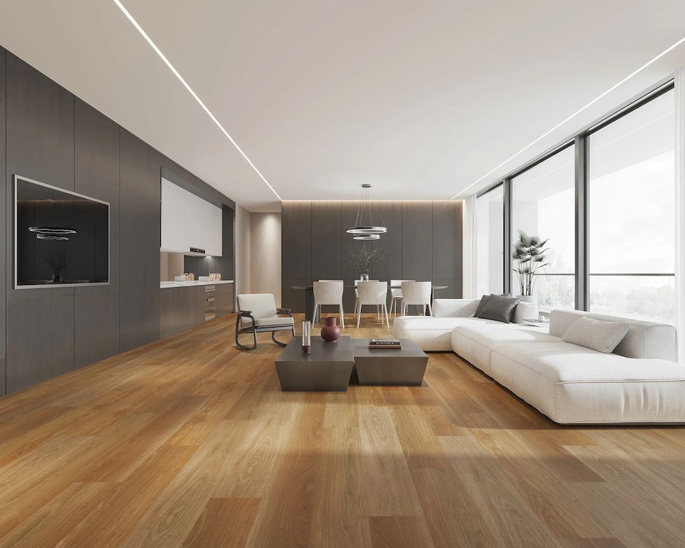 Modern Living Room With Wood Flooring, a White Sofa, and Large Windows — AGM Flooring & Tiling in Hidden Valley, QLD