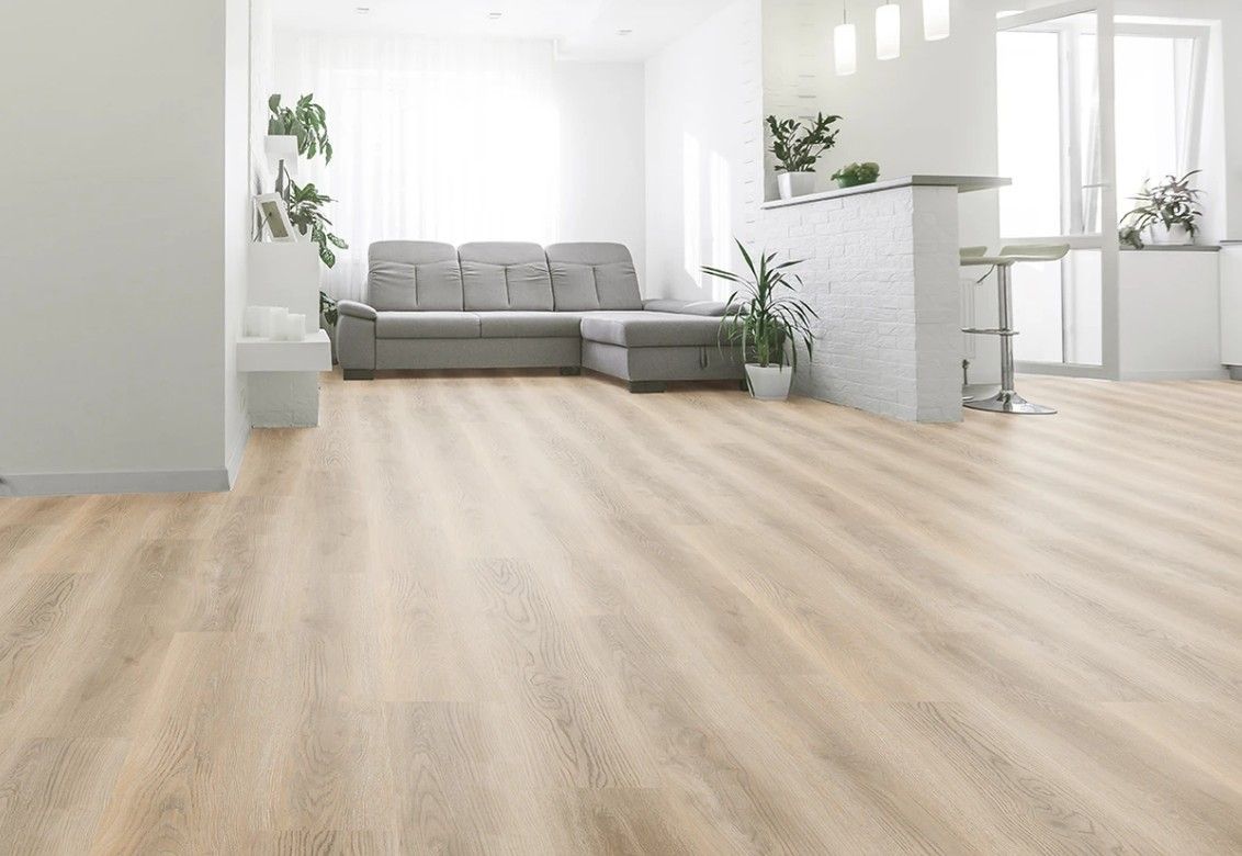 Light-coloured Wood-look Flooring in a Modern Living Room With a Grey Sofa  — AGM Flooring & Tiling in Hidden Valley, QLD