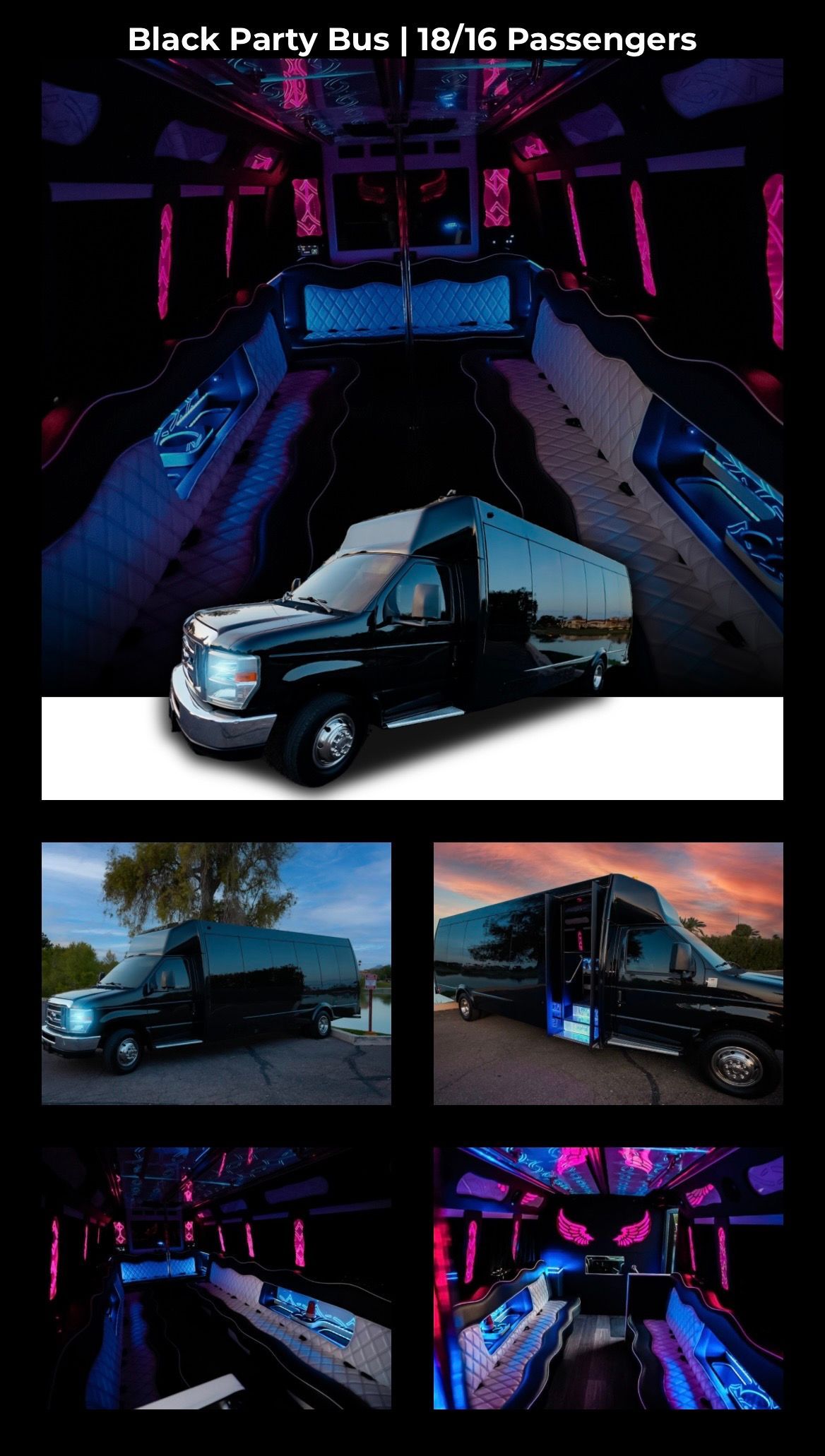 Party bus interior with wraparound seating and colorful LED lighting