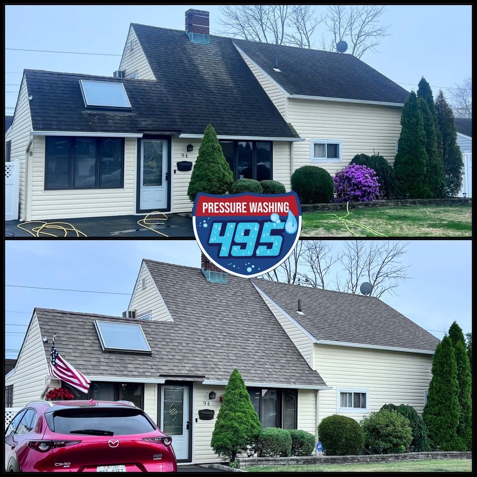 Collage displaying the before and after images of an asphalt shingle roof, showcasing the transformation after a soft wash treatment.