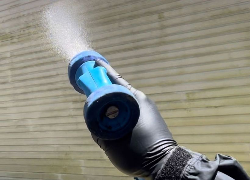 A gloved hand sprays water from a blue nozzle onto a weathered, light-brown surface.