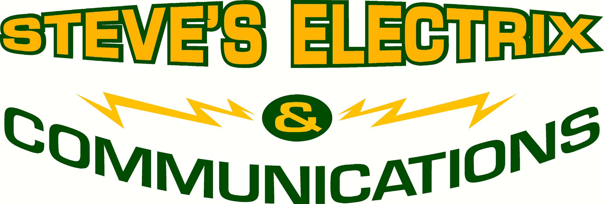 Logo for Steve's Electrix & Communications. Yellow and green text on a white background. Lightning bolt graphic.