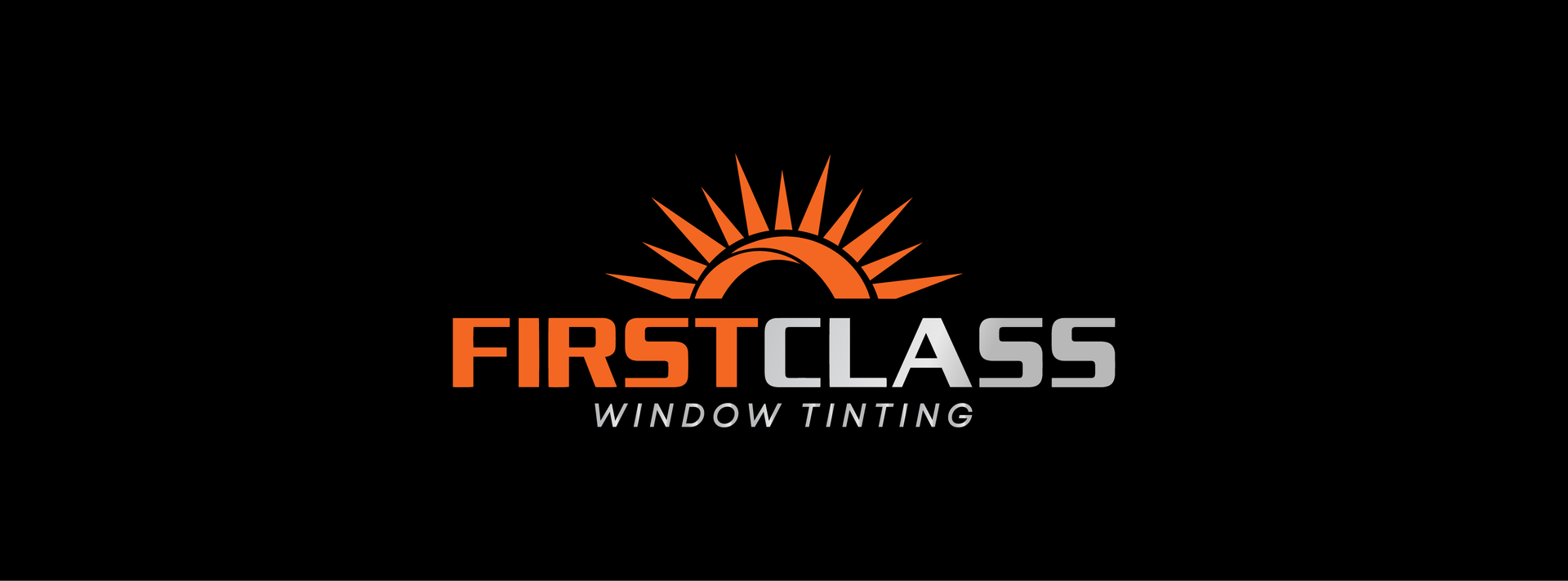 The logo for first class window tinting has a sun on it.