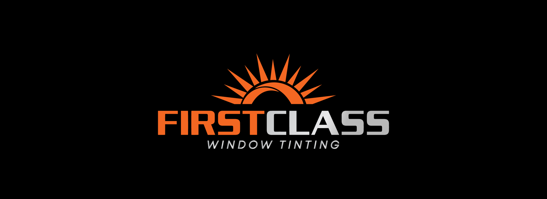 A logo for first class window tinting with a sun on it