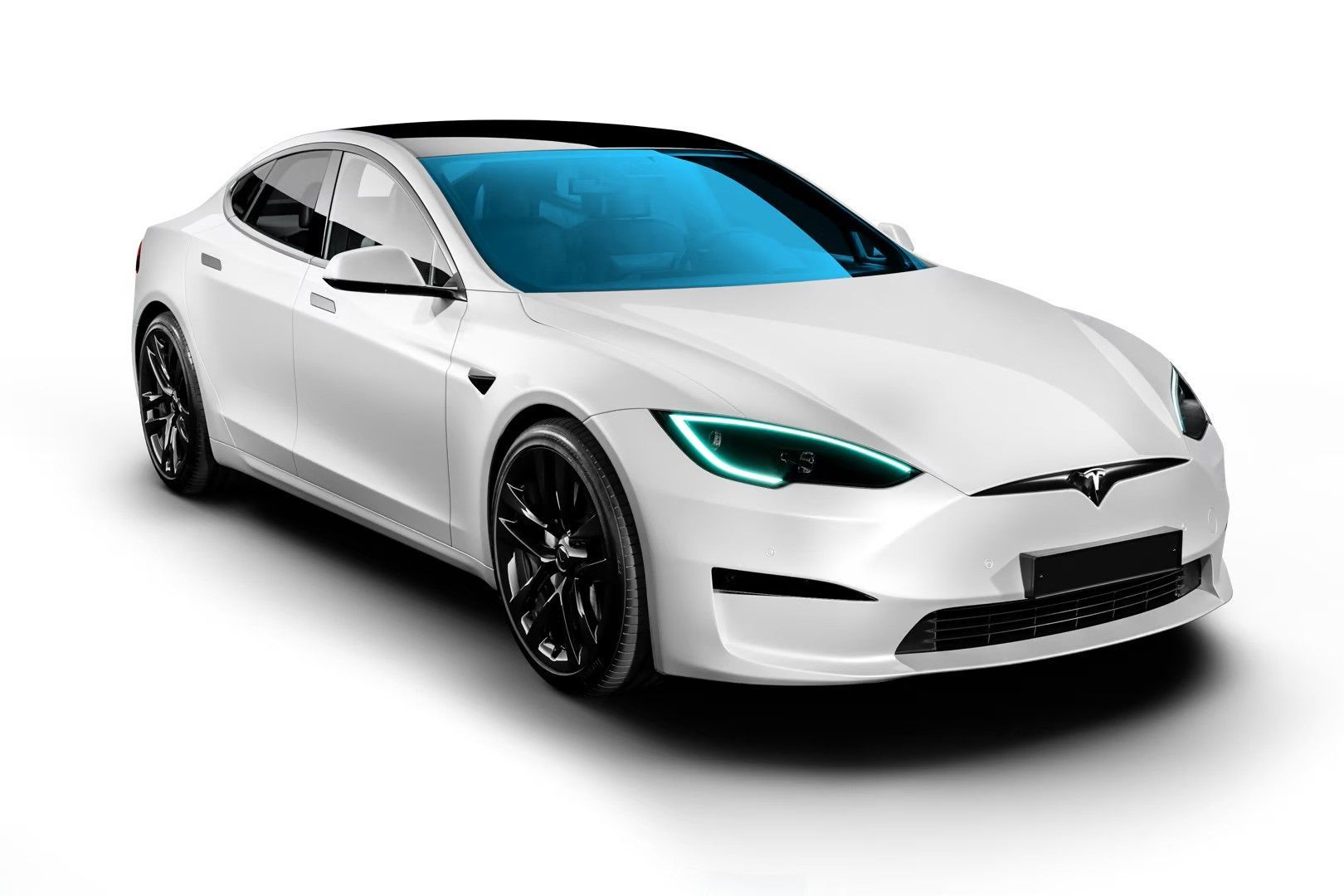 A white tesla model s with a blue windshield on a white background.