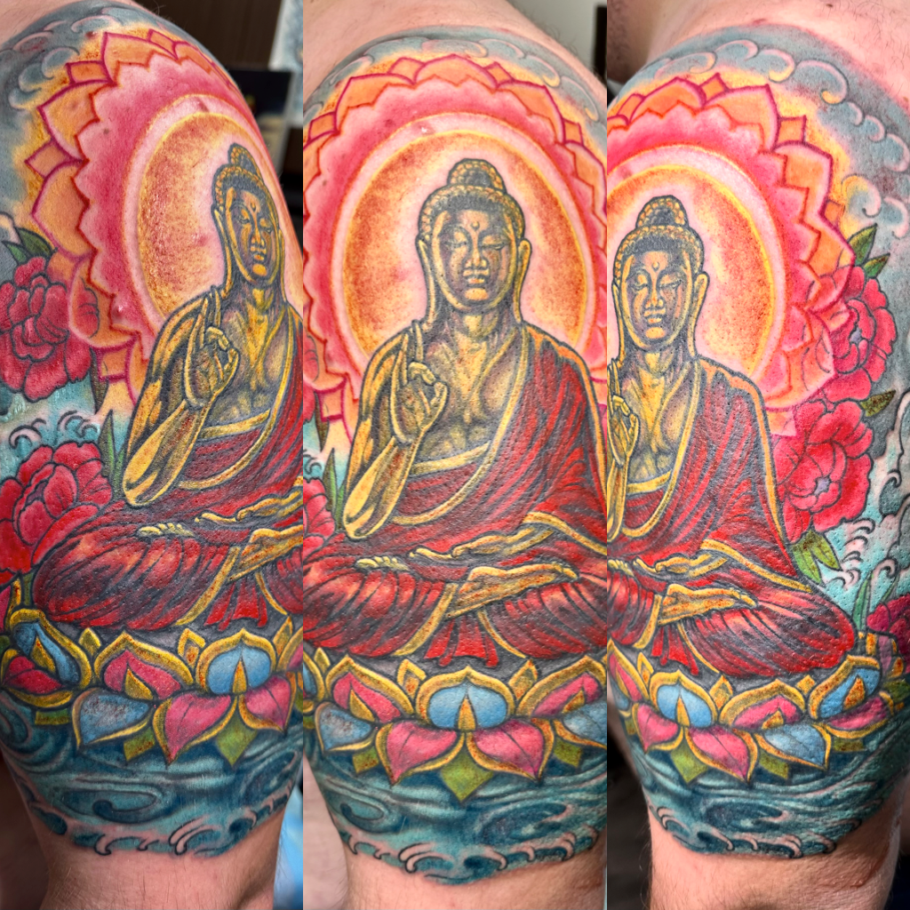 Colorful Buddha with halo tattoo