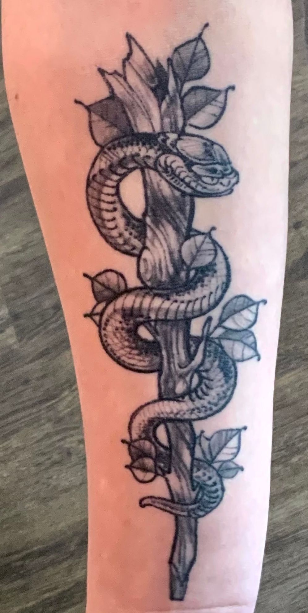 Snake coiled around stick tattoo