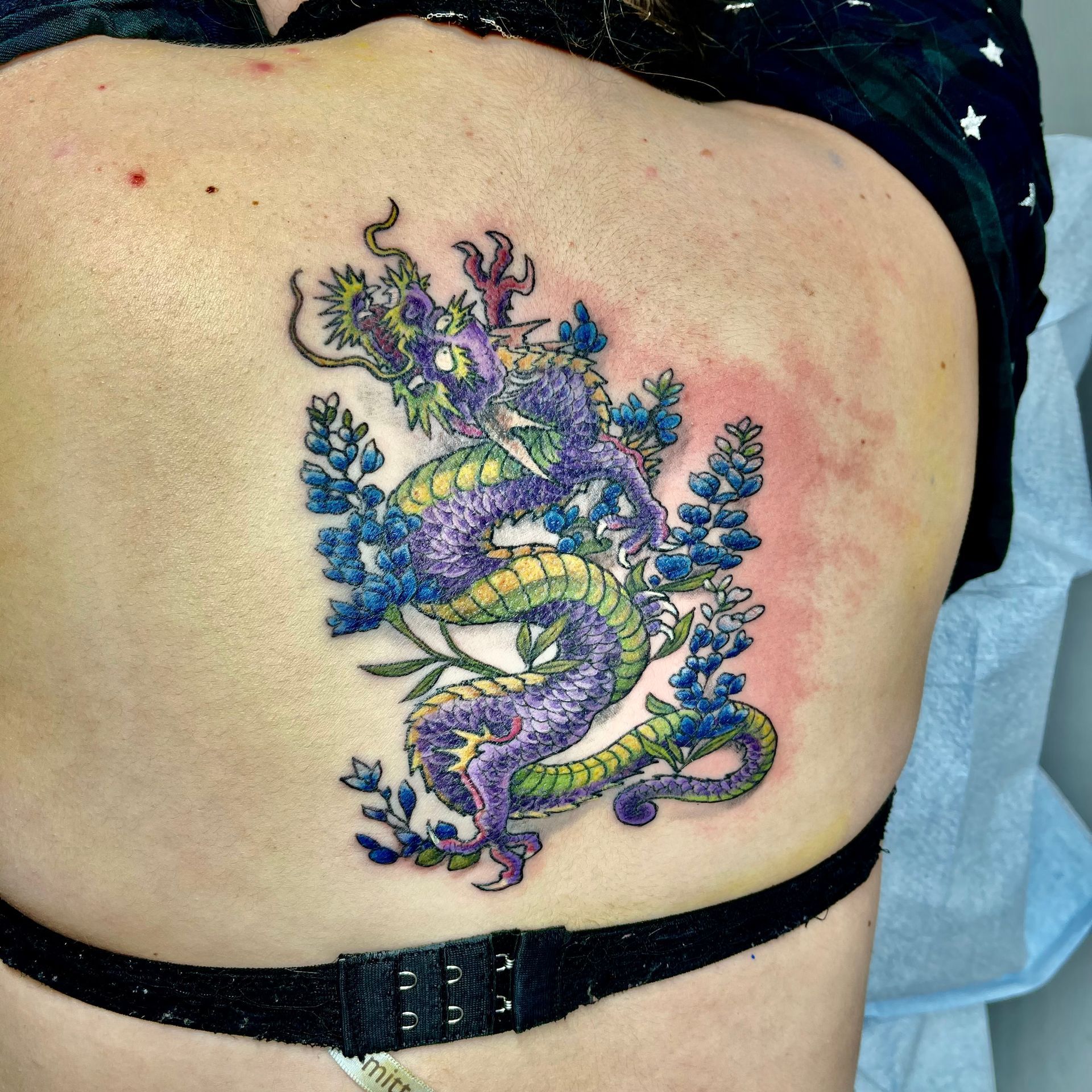 Dragon and Texas Bluebonnets Tattoo