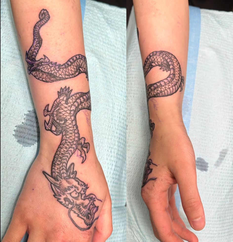 Dragon outline tattoo on wrist