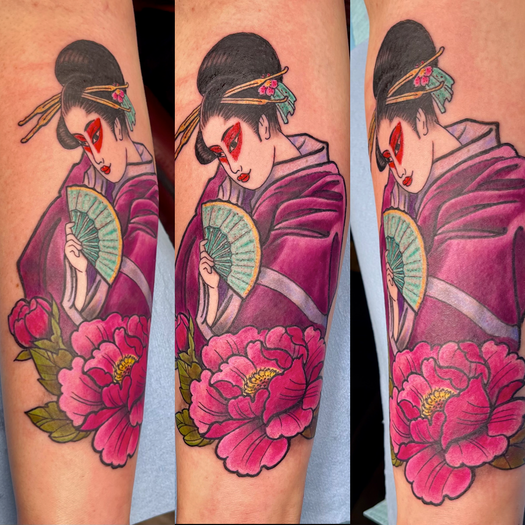 Geisha with peonies sleeve tattoo