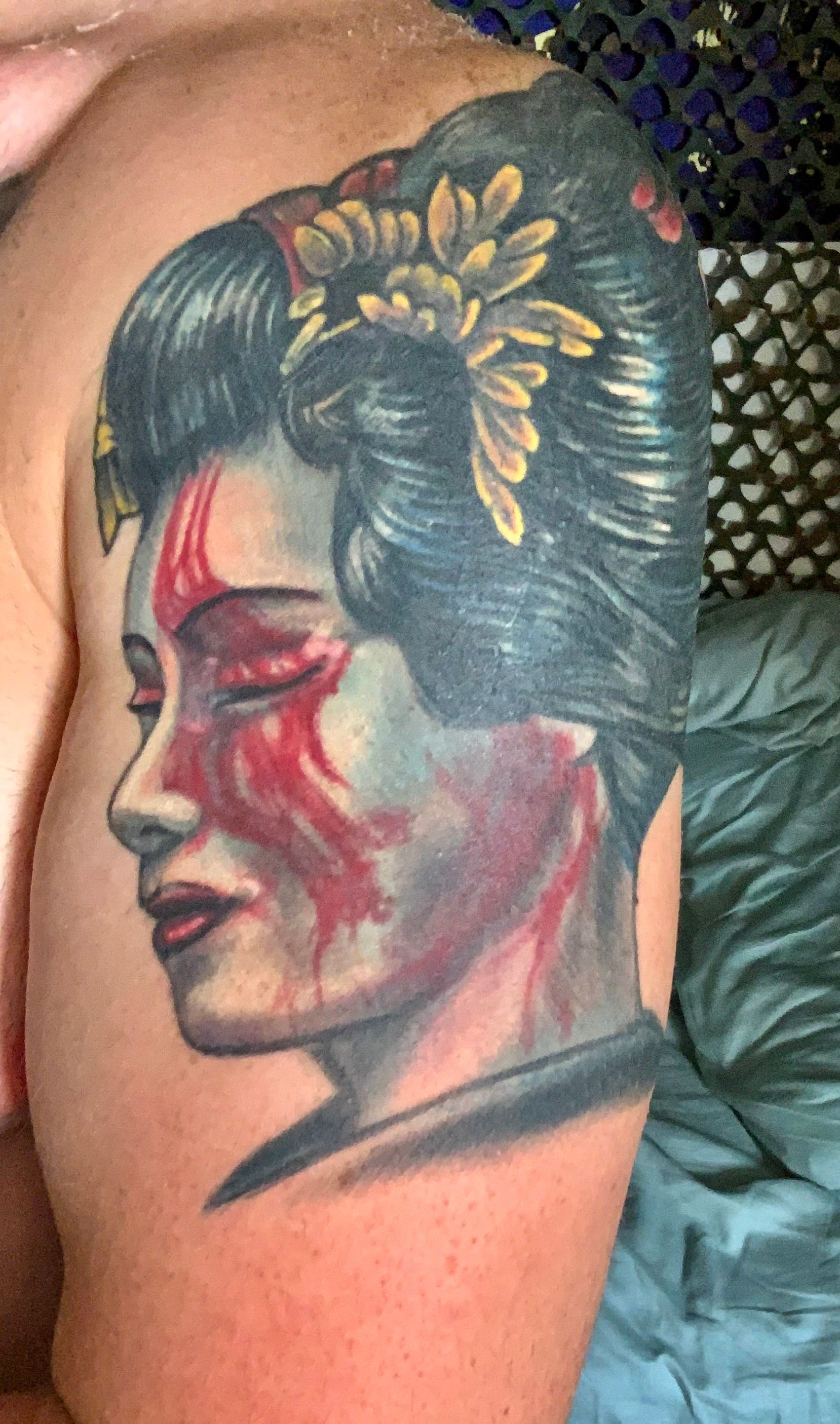 Bloody Geisha head tattoo