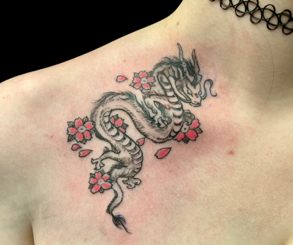 Black & Gray Irezumi dragon with red flowers
