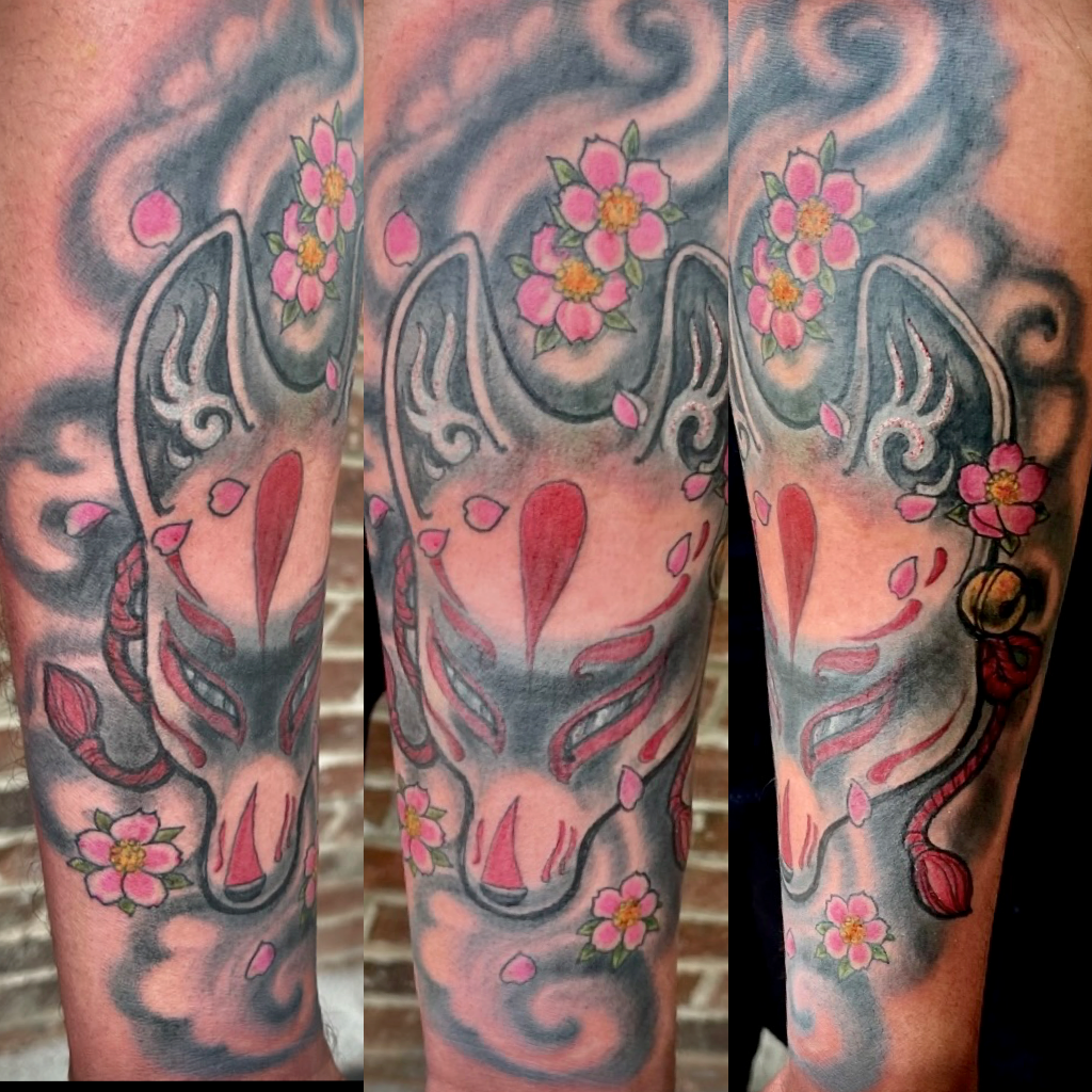 Kitsune Mask Blossoms Tattoo