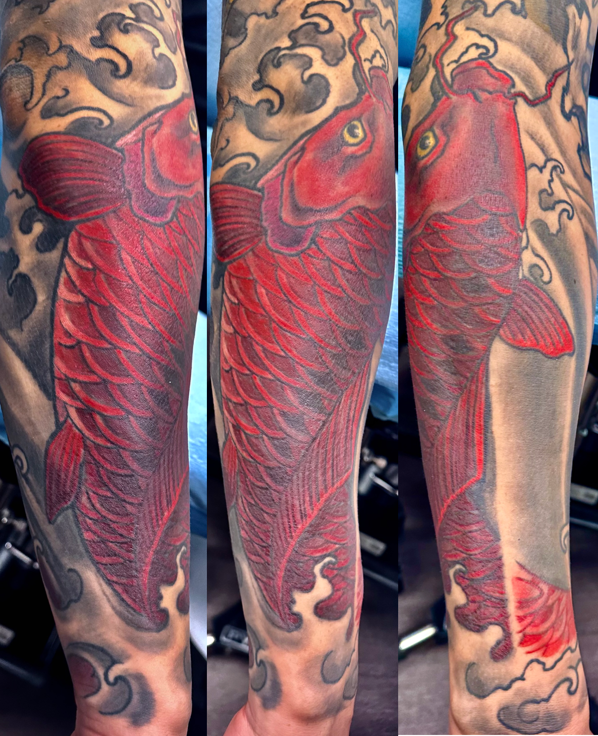 Large red koi in waves tattoo
