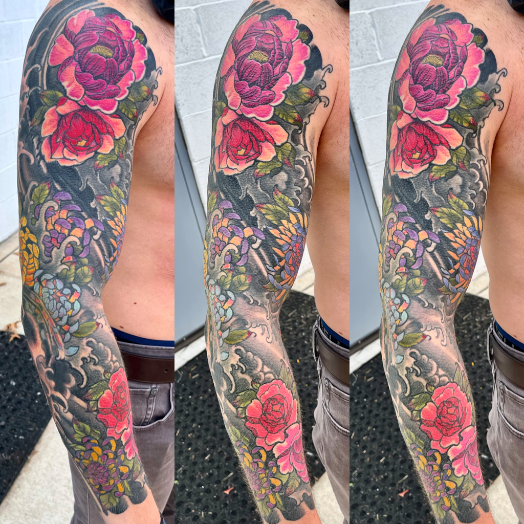 Colorful peonies and waves sleeve tattoo