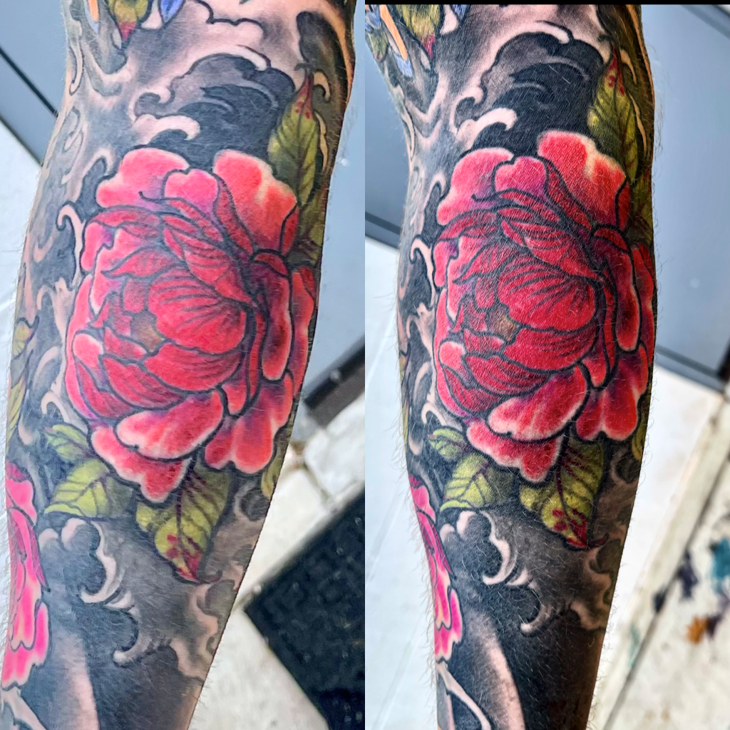 Colorful peonies and waves tattoo