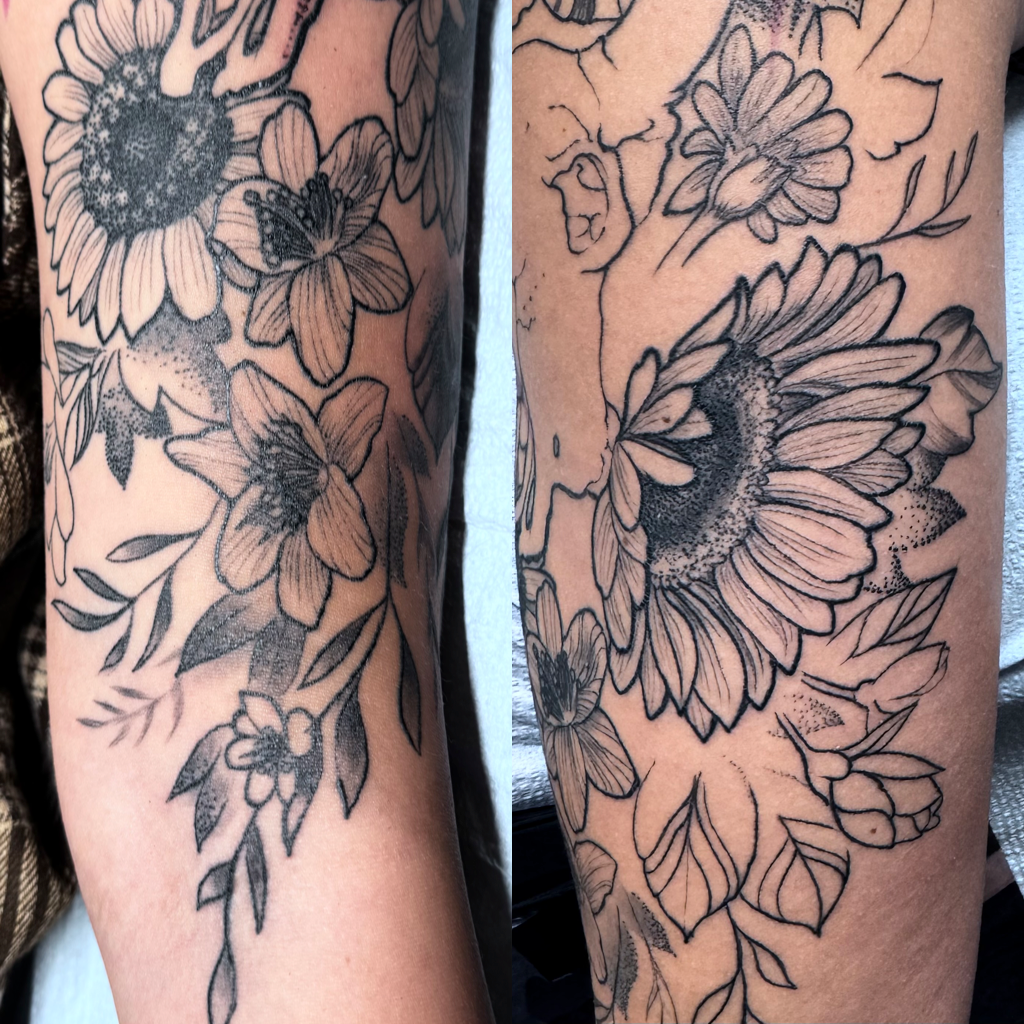 Sunflowers tattoo in black and gray