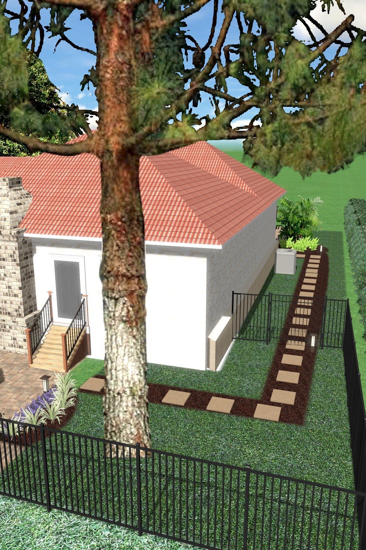 Orange leaf blower and trimmer on a gravel driveway, large yellow house in background, green lawn.