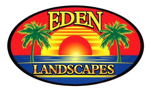 Eden Landscapes logo with palm trees, sun, and ocean.