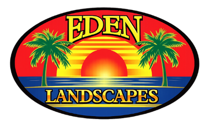 Logo for Eden Landscapes. Oval with sunset, palm trees, and company name in gold.