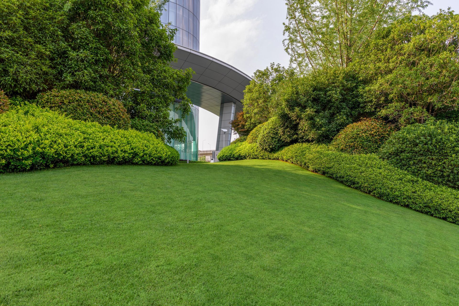 A well-manicured green lawn slopes upward toward a modern, glass-paneled building surrounded by lush green shrubs and trees.