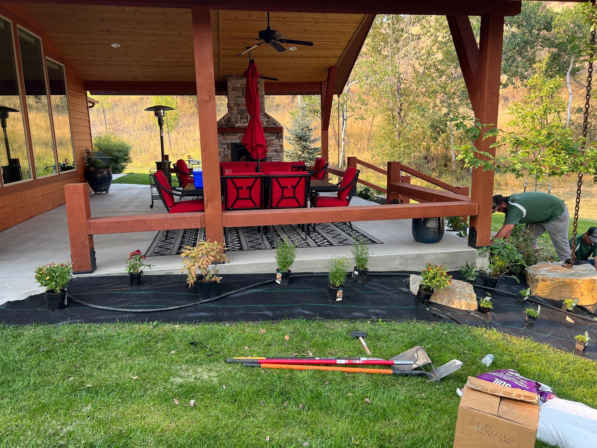 Wheelbarrow and recently mulched garden bed next to a house with a tree.
