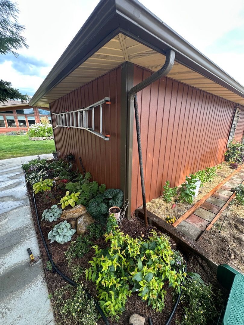 Brown building with garden and ladder leaning against the wall.