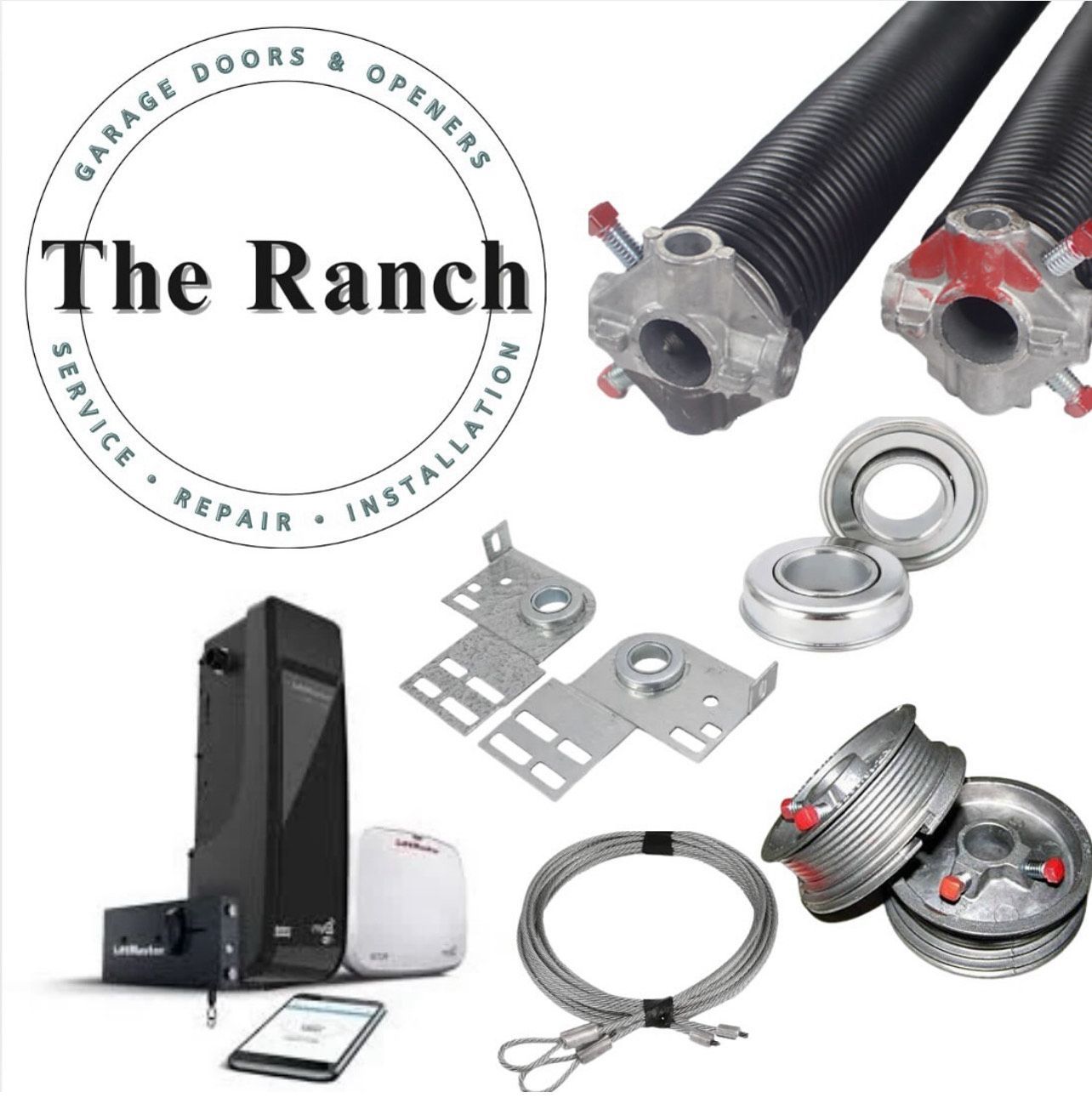 Garage door parts and opener displayed for sale. 