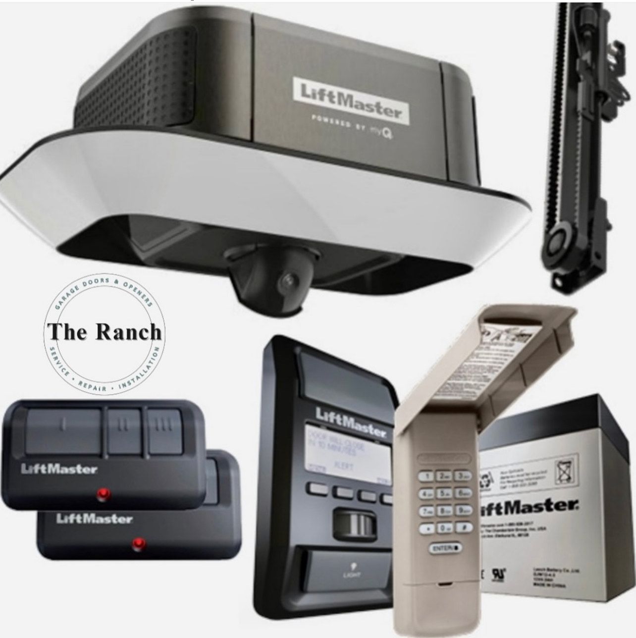 LiftMaster garage door opener system with remote, keypad, camera, and battery backup.
