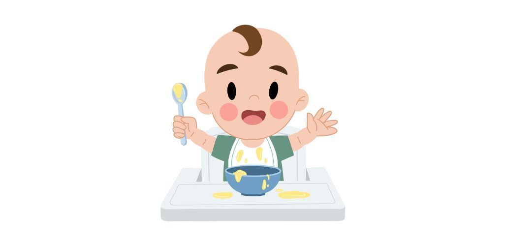 Illustration of a baby eating with a spoon in a high chair