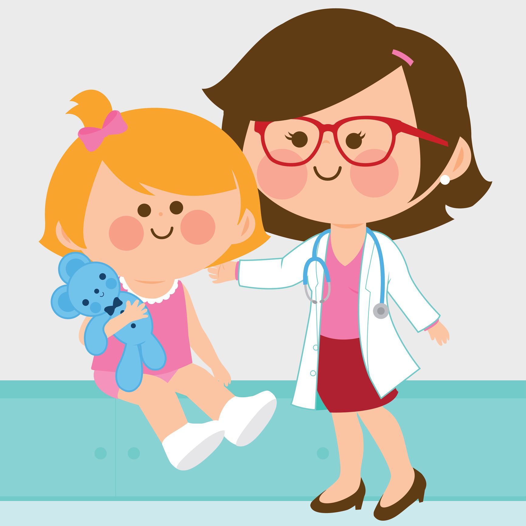 A doctor is petting a little girl who is holding a teddy bear.