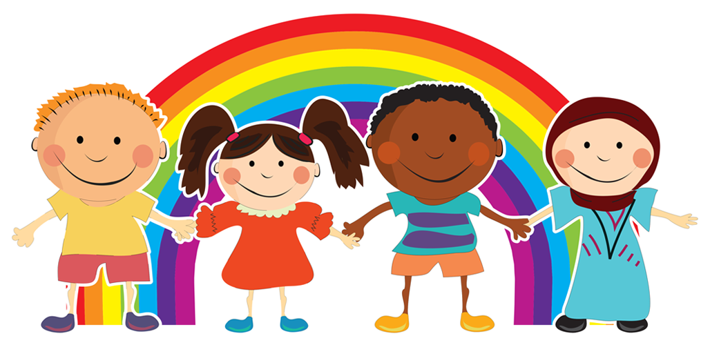 Cartoon kids holding hands in front of rainbow