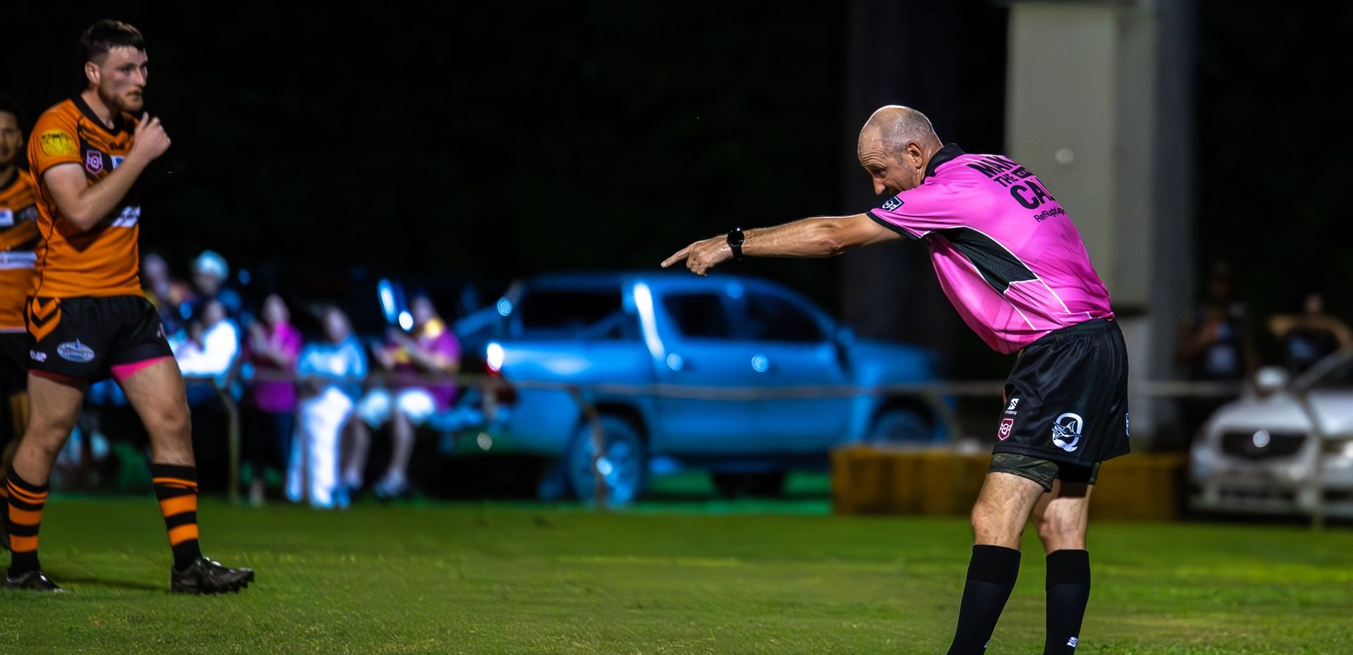 Rugby Players In White And Red Jerseys, Crouched In Formation — Amanda Jade Photography In Gordonvale, QLD