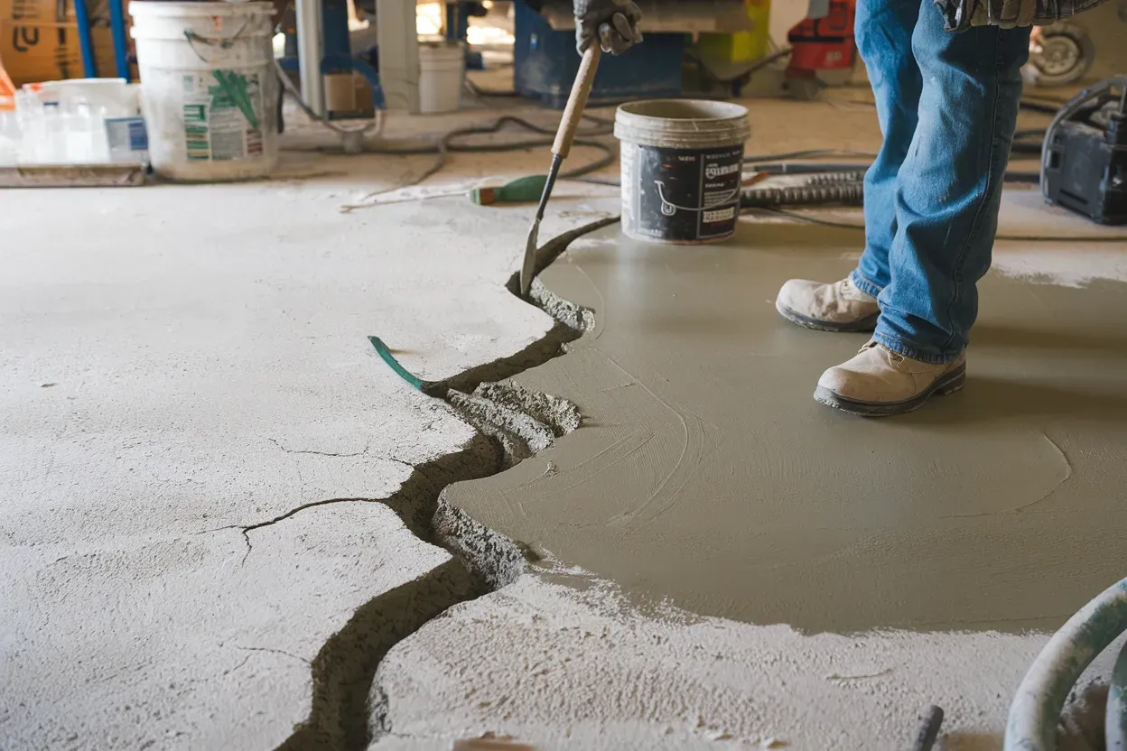 A man is using a trowel to spread concrete on a construction site.