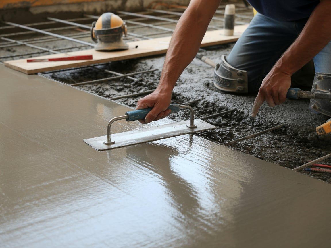 Person smoothing wet concrete with a trowel, outdoors.