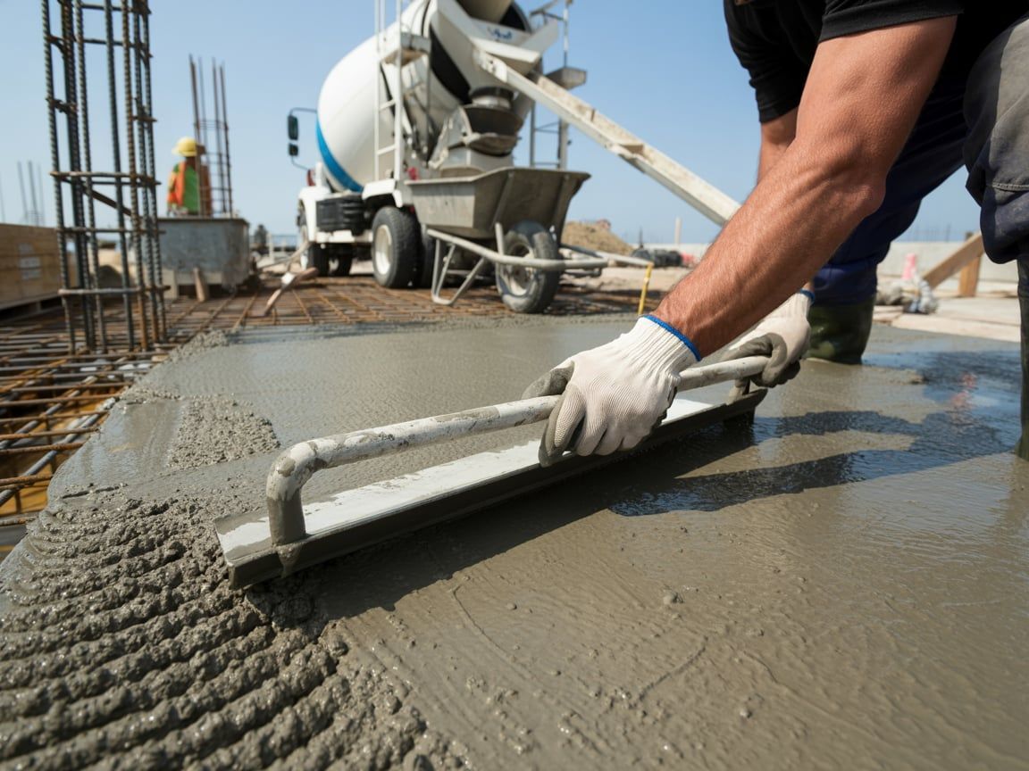 Worker smoothing wet concrete with a trowel at a construction site, cement mixer in background.