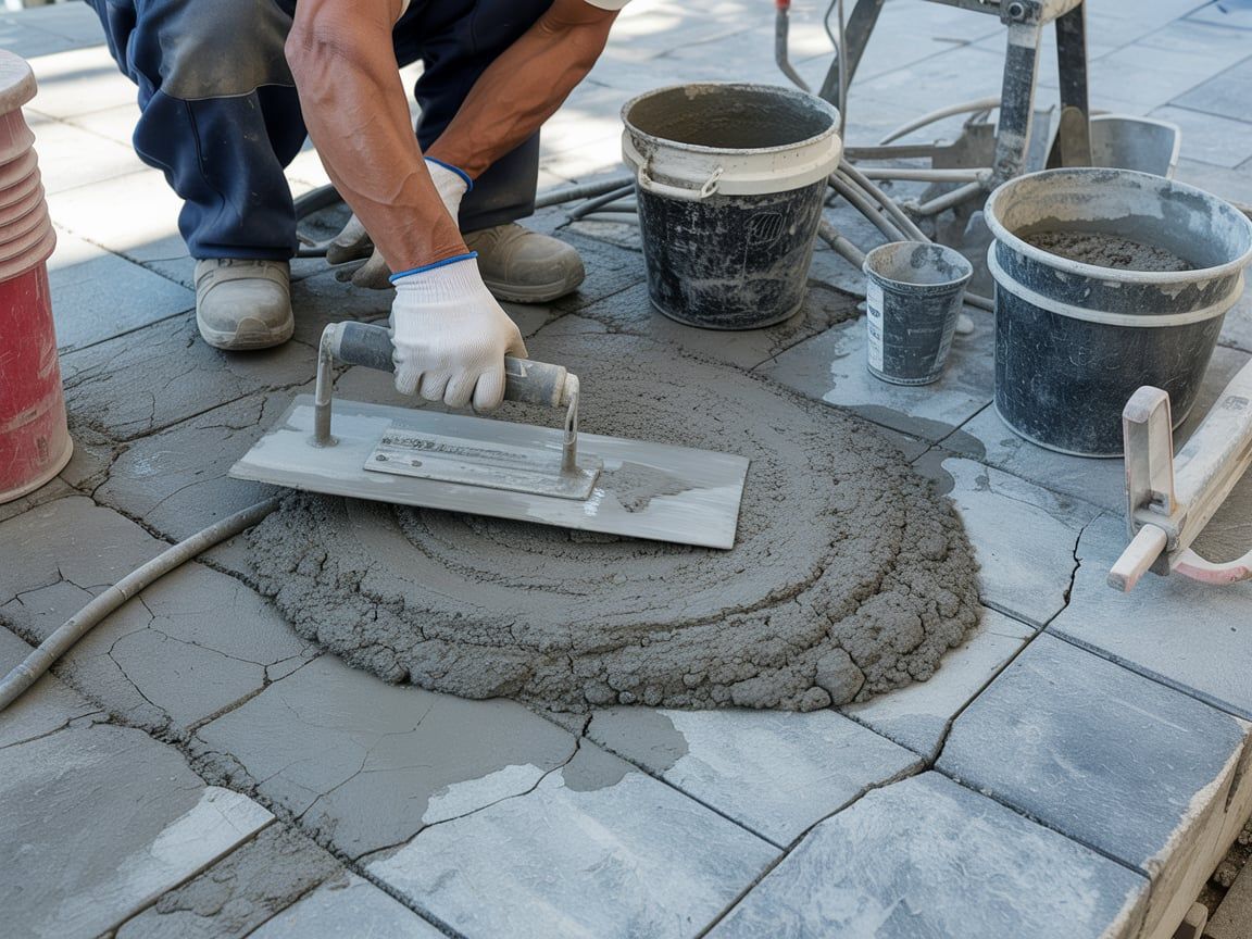 Person using a trowel to spread cement on paving stones.